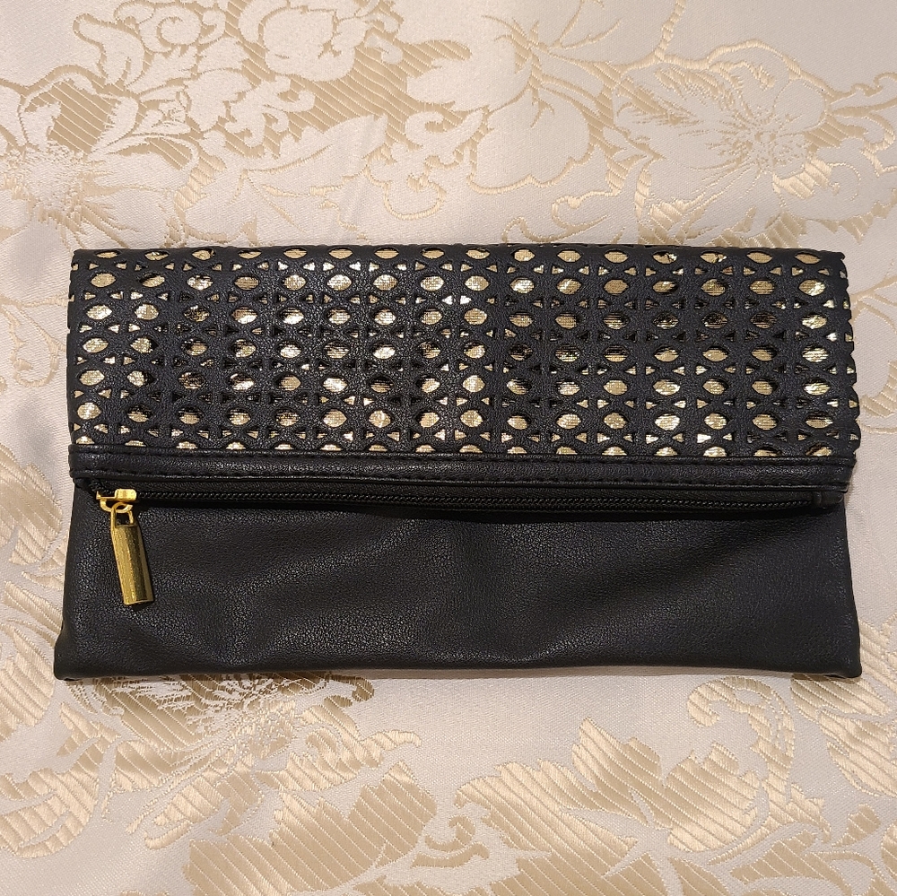 Black and Gold Fold Over Clutch NWOT